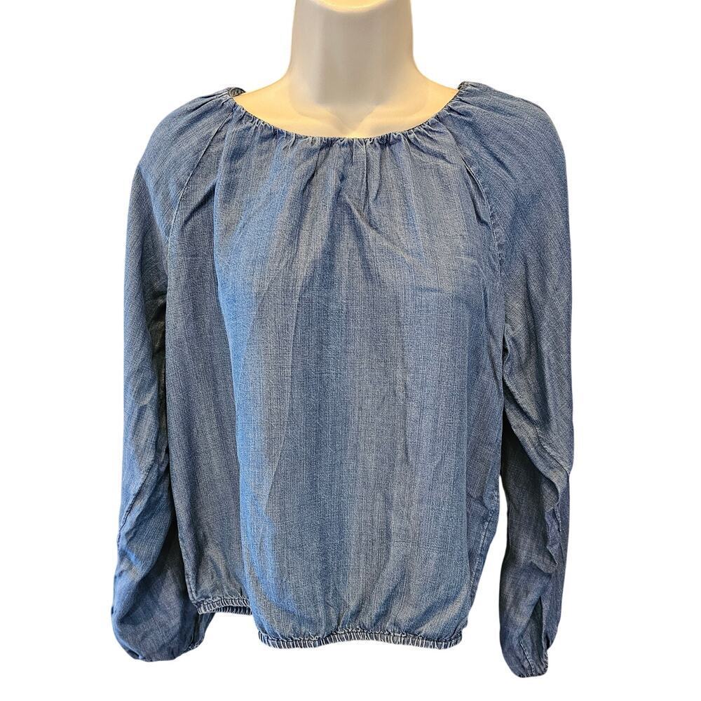 NWT Loft 100% lyocell chambray blue peasant style elastic bottom top career s